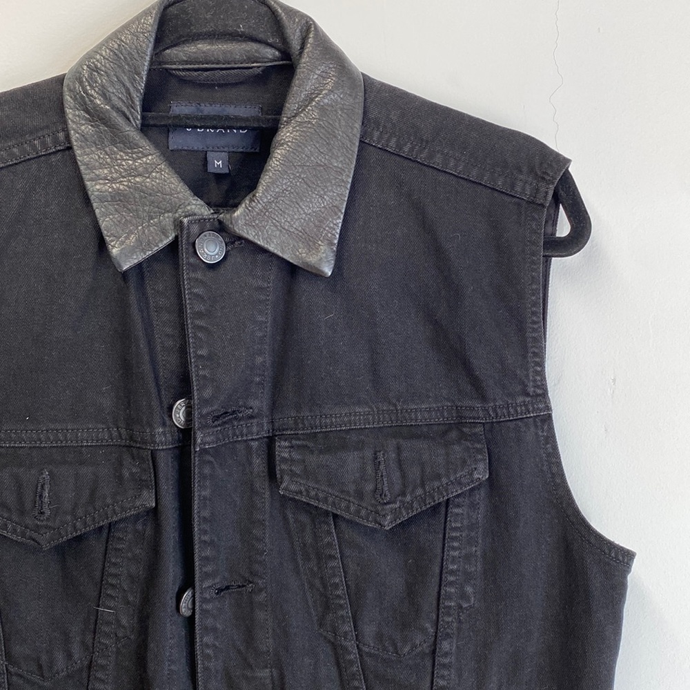 J Brand Black Denim Vest with leather collar